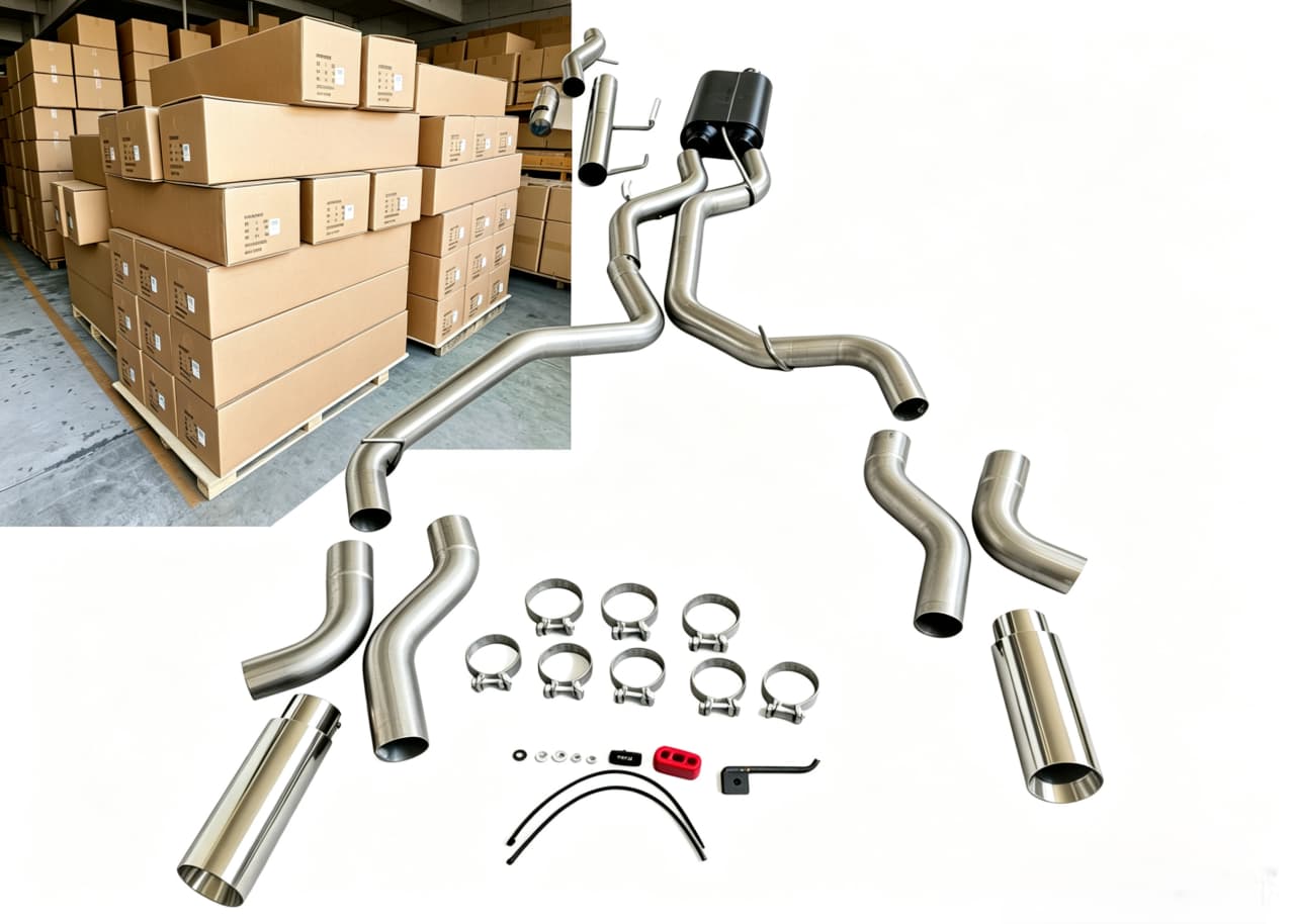 Private label cat-back exhaust system complete kit with stainless steel pipes, muffler, clamps and bulk warehouse stock ready for wholesale